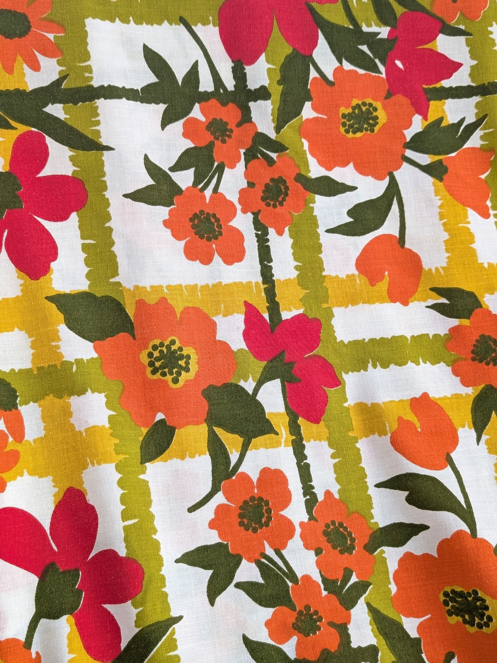 Vintage 1950s Floral Plaid Tablecloth Retro Orange/ Green, 67x52